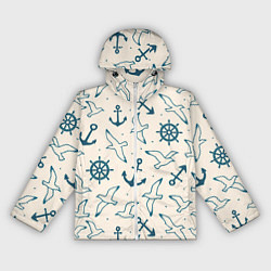 Ветровка с капюшоном женская Морской паттерн из штурвалов, чаек и якорей, цвет: 3D-белый