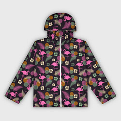 Ветровка с капюшоном женская Фламинго и листья на темно-синем, цвет: 3D-белый