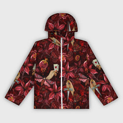 Ветровка с капюшоном женская Бордовая готика с сердцем, лилиями и мотыльками, цвет: 3D-белый