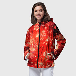 Ветровка с капюшоном женская Цветочный красный с искрами, цвет: 3D-черный — фото 2