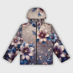 Ветровка с капюшоном женская Сине-бежевый дымчатый с цветами, цвет: 3D-черный
