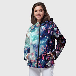 Ветровка с капюшоном женская Магические цветы сине-зелёный, цвет: 3D-черный — фото 2