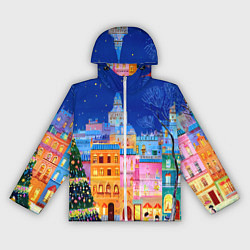 Ветровка с капюшоном женская Разноцветные новогодние домики, цвет: 3D-белый